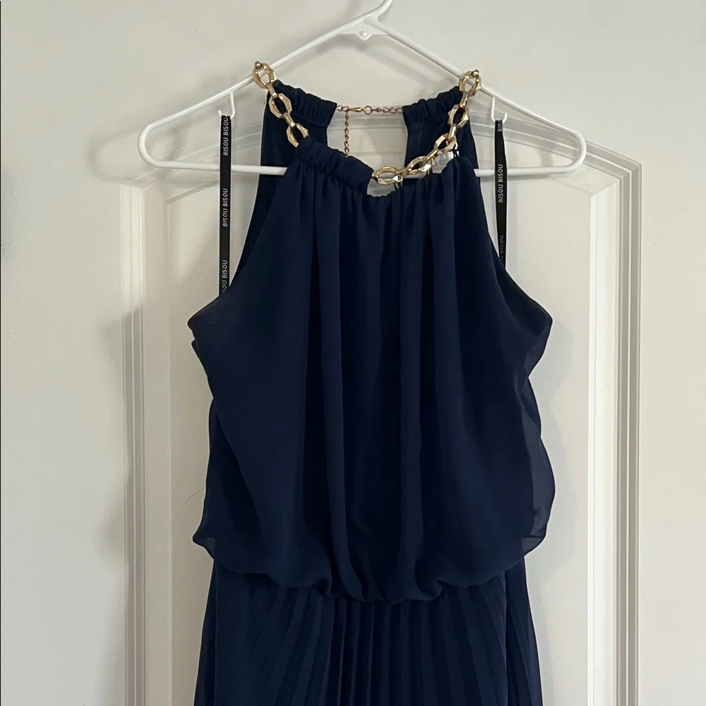 Bisou Bisou Navy Pleated Halter Maxi Dress with Chain Accent - Picture 2 of 10